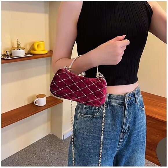 Velvet Evening Clutch Purse Women Solid Stylish Elegant Small Bag - Picture 4 of 6